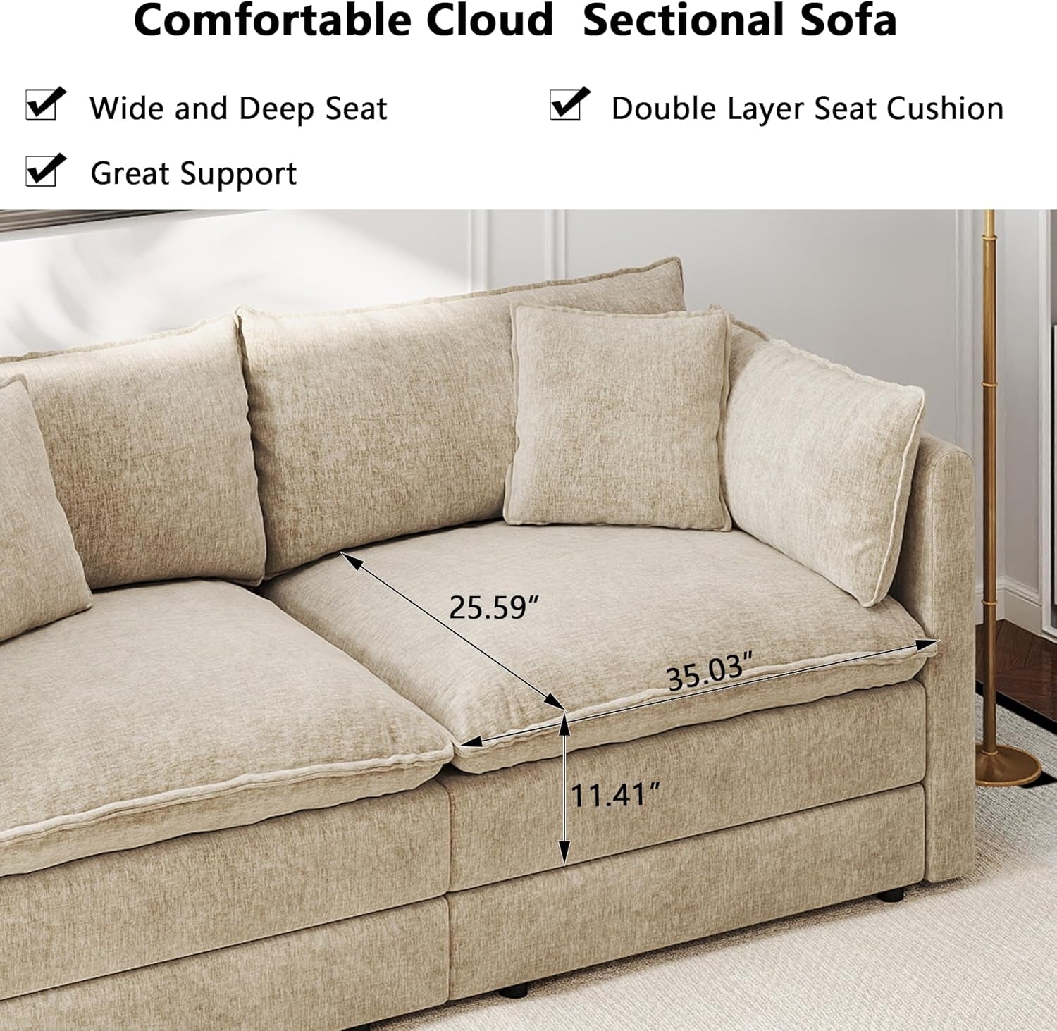 Modular Sectional Sofa Modern Convertible Loveseat Couch,77.16 Inch Deep 2-Seater Sofas Comfy Chenille Cloud Sofas and Couches with Pillows for Living Room Apartment（Camel）