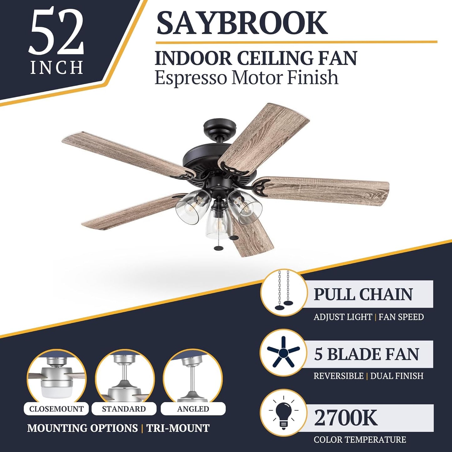 Saybrook, 52 Inch Indoor Farmhouse LED Ceiling Fan with Light, Pull Chain, Three Mounting Options, Dual Finish Blades, Reversible Motor - 51593-01 (Bronze)