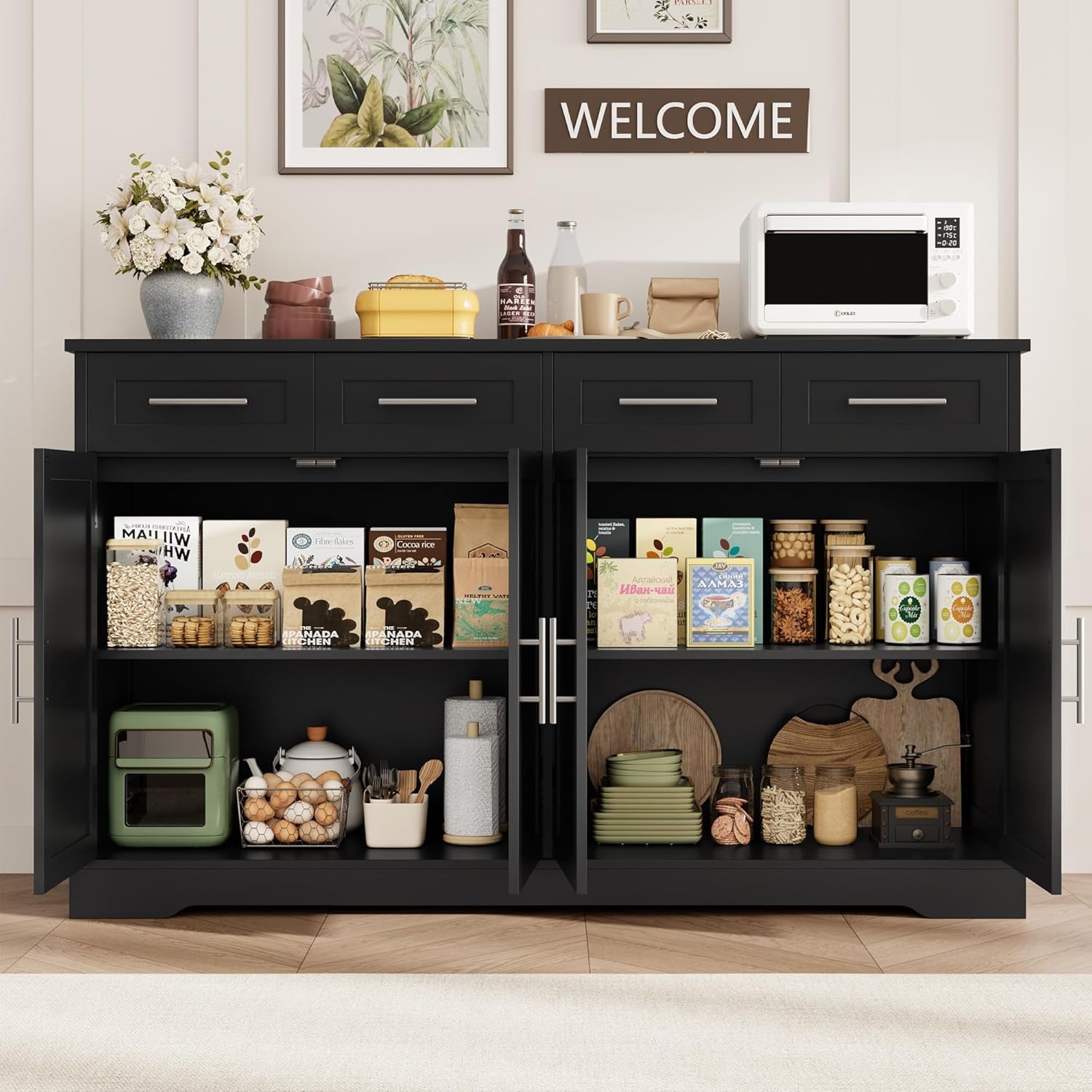 60" Large Buffet Sideboard with Storage, 36" Tall Kitchen Buffet Storage Cabinet with 4 Drawer, Modern Coffee Bar Cabinet with Silver Handle, Long Sideboard Buffet Table for Kitchen, Black