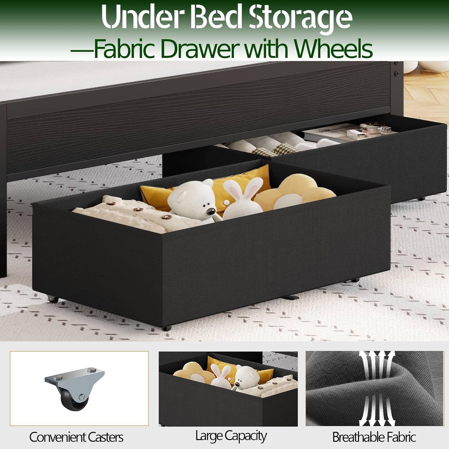 Queen Bed Frame with Charging Station and LED Lights, Grey Upholstered Headboard with Shelves, Metal Platform Bed with 2 Under-Bed Storage (Fabric Drawer on Wheels), No Box Spring Needed