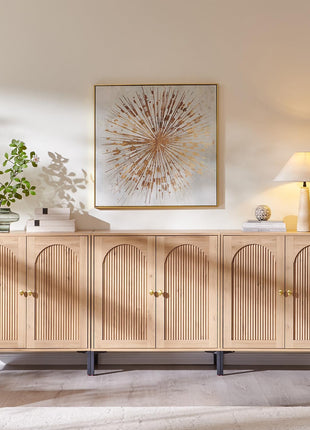 Contemporary Buffet Cabinet with Storage, 92.63" W Fluted Arched Sideboard with Adjustable Shelves, Wooden Modular Coffee Bar for Dining Room, Kitchen, Living Room, and Entryway, Natural Finish