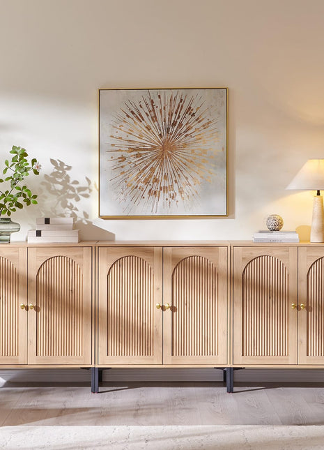 Contemporary Buffet Cabinet with Storage, 92.63" W Fluted Arched Sideboard with Adjustable Shelves, Wooden Modular Coffee Bar for Dining Room, Kitchen, Living Room, and Entryway, Natural Finish