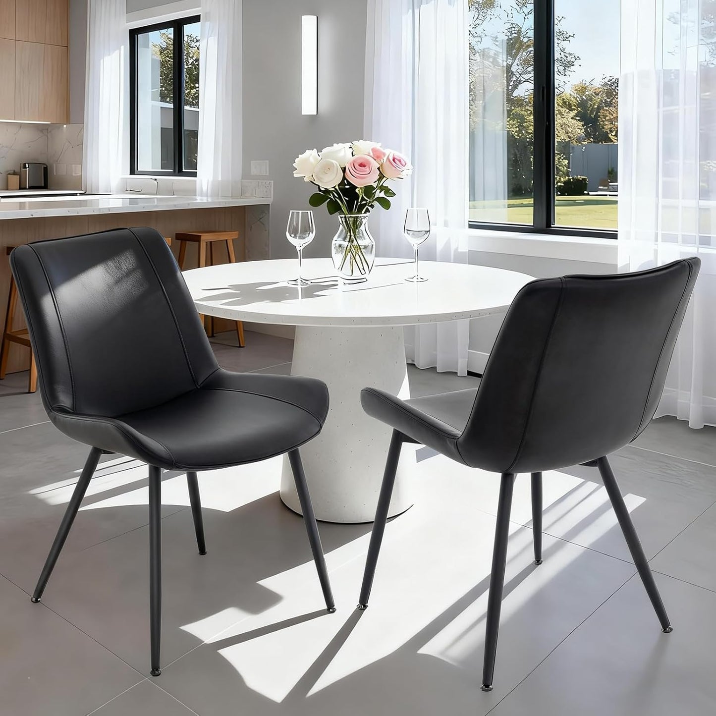 Dining Chairs Set of 2, PU Leather Modern Armless Kitchen Dining Room Chairs, Upholstered Accent Side Chairs with Metal Legs (Black)