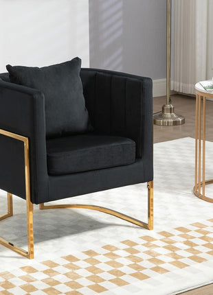 Set of 2 Modern Velvet Accent Chairs, Upholstered Mid-Century Barrel Armchairs with Cushions for Living Room, Comfortable Vanity Chairs with Gold Metal Legs for Bedroom, Black