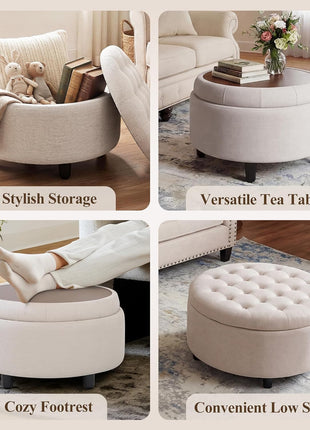 Fabric Round Storage Ottoman with Reversible Tray Lid - Stylish Footrest and Concealed Storage Option, Compact Coffee Table for Living Room, Bedroom, or Entryway (Beige)