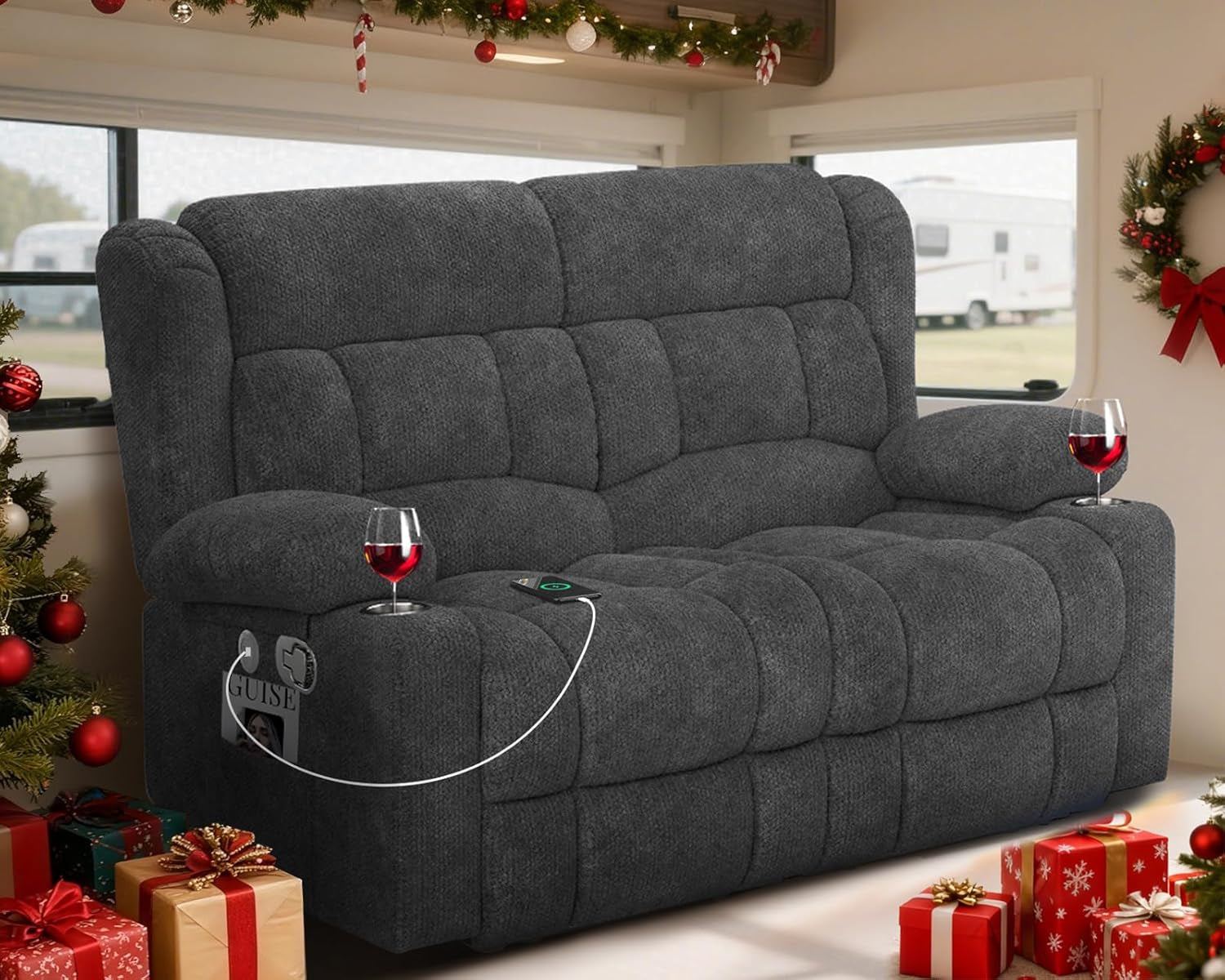 RV Loveseat Recliner Sofa, Wall Hugger Reclining Loveseat RV Couch with USB Ports, Cup Holders, Pockets, 150° Adjustable RV Furniture Velvet Fabric Recliners for Travel & Home Theater Seating