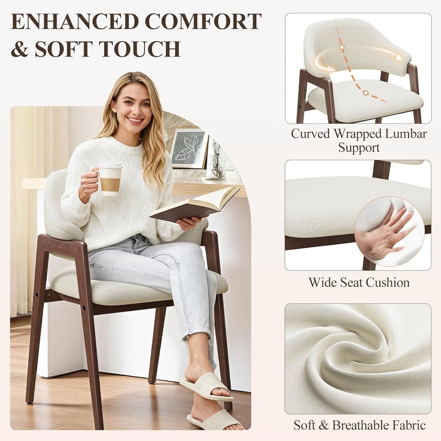 Wooden Dining Chairs Set of 4, Modern Fabric Upholstered Dining Room Chair, Kitchen Side Chairs, Farmhouse Dinner Chair with Curved Open Back for Kitchen, Beige