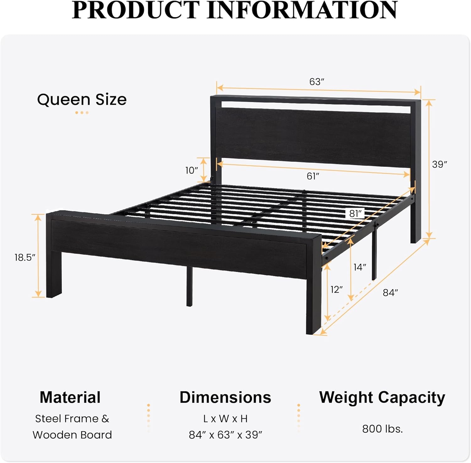 14 Inch Queen Size Metal Platform Bed Frame with Wooden Headboard and Footboard, Mattress Foundation, No Box Spring Needed, Large under Bed Storage, Non-Slip without Noise, Black Oak