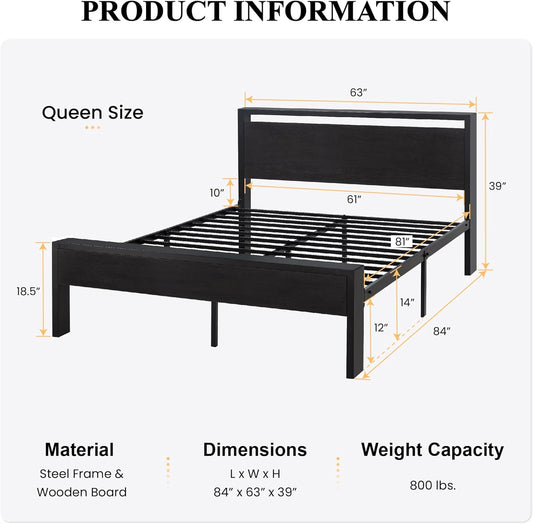 14 Inch Queen Size Metal Platform Bed Frame with Wooden Headboard and Footboard, Mattress Foundation, No Box Spring Needed, Large under Bed Storage, Non-Slip without Noise, Black Oak