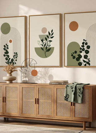 Large 3-Piece Framed Abstract Bohemian Wall Art Set - Minimalist Green and Beige Canvas Prints for Living Room, Botanical Sage Green Plant Artwork for Bedroom and Dining Room, 20x30 Inches