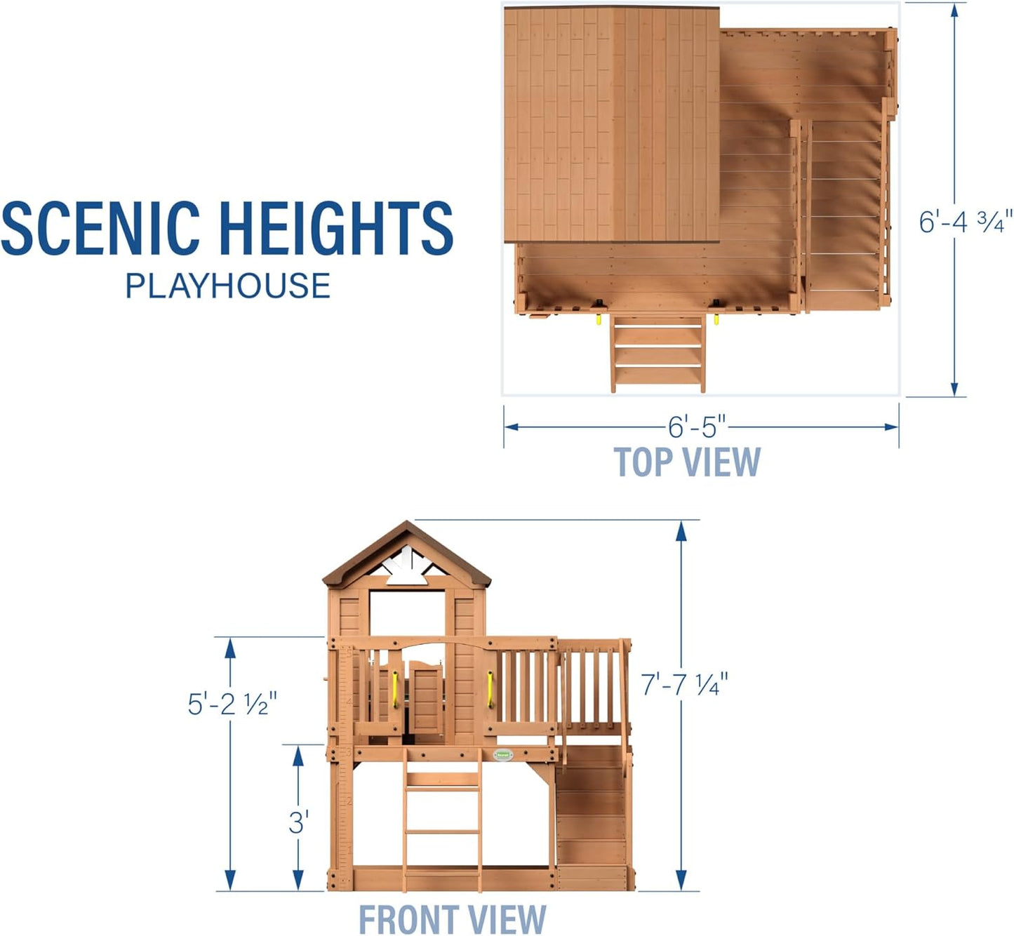 Scenic Heights Elevated Cedar Wooden Kids Playhouse with Play Kitchen, Wrap-Around Deck, Toy Storage Bench, Saloon-Style Doors, Ladder, Stairs, and Growth Chart for Outdoor Play