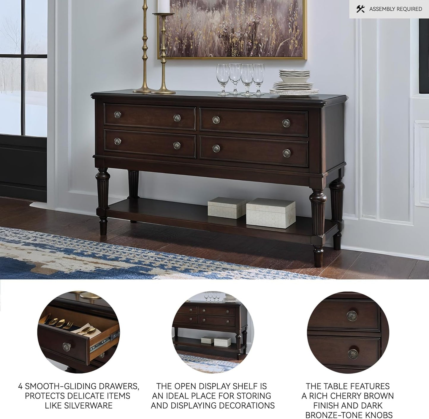 Lavinton Classic 4-Drawer Dining Server with Open Shelf, Dark Brown