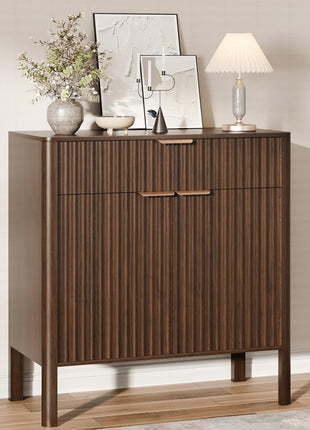 Fluted Walnut Buffet Cabinet - Modern Sideboard with Storage, Doors & Drawer for Living Room, Kitchen, Dining Room, and Entryway, Easy Assembly, 31