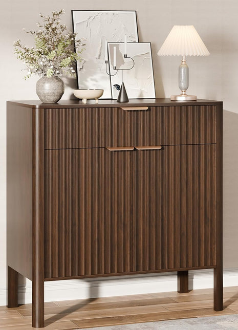 Fluted Walnut Buffet Cabinet - Modern Sideboard with Storage, Doors & Drawer for Living Room, Kitchen, Dining Room, and Entryway, Easy Assembly, 31