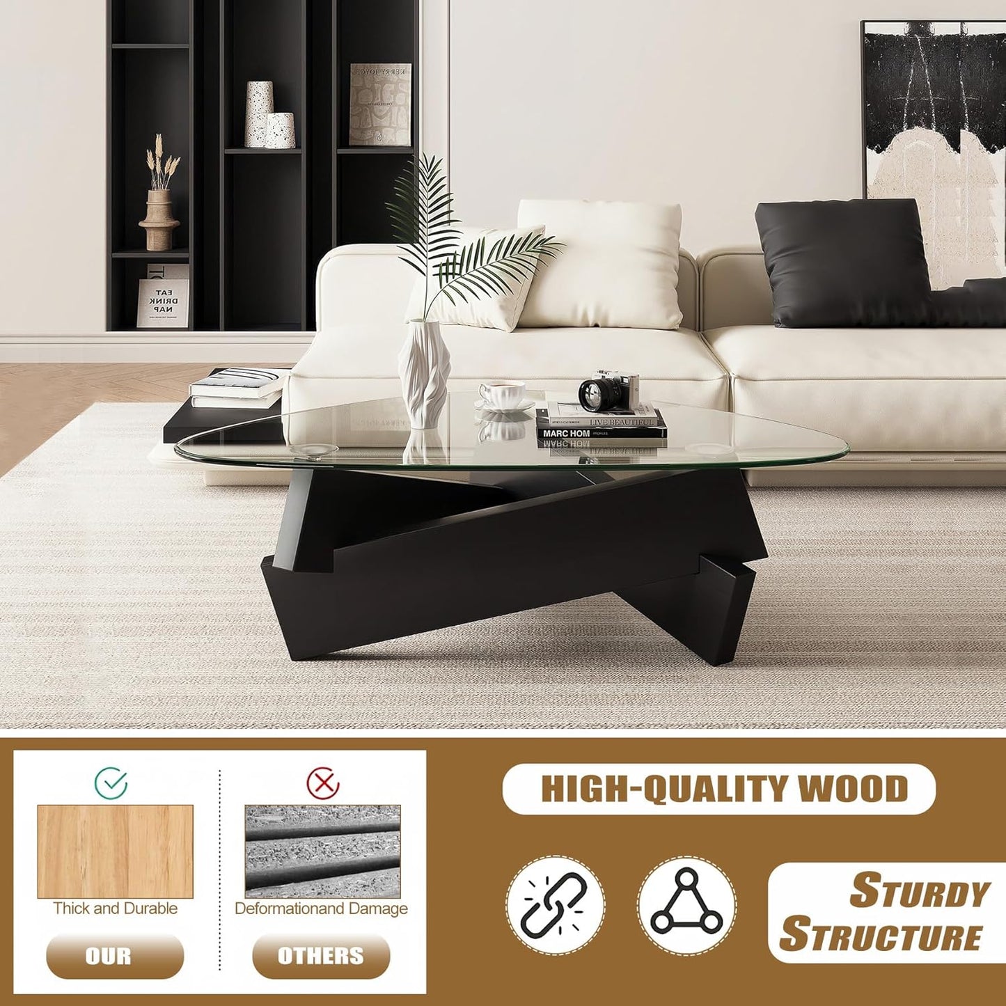 Modern Mid Century Triangle Glass Coffee Table Black Center Table with Tempered Glass Top Unique Natural Wood Tea Table for Living Room 35.5'' X 27.5'' X 15.7'' for Small Spaces, Rustic