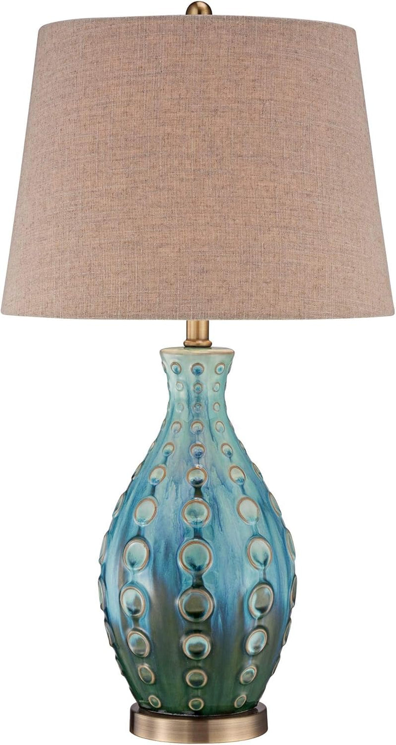 Mid Century Modern Vase-Shaped Table Lamp 26.5" High Textured Glaze Teal Green Hand-Made Ceramic Tan Linen Drum Shade for Living Room Bedroom House Bedside Home (Color May Vary)