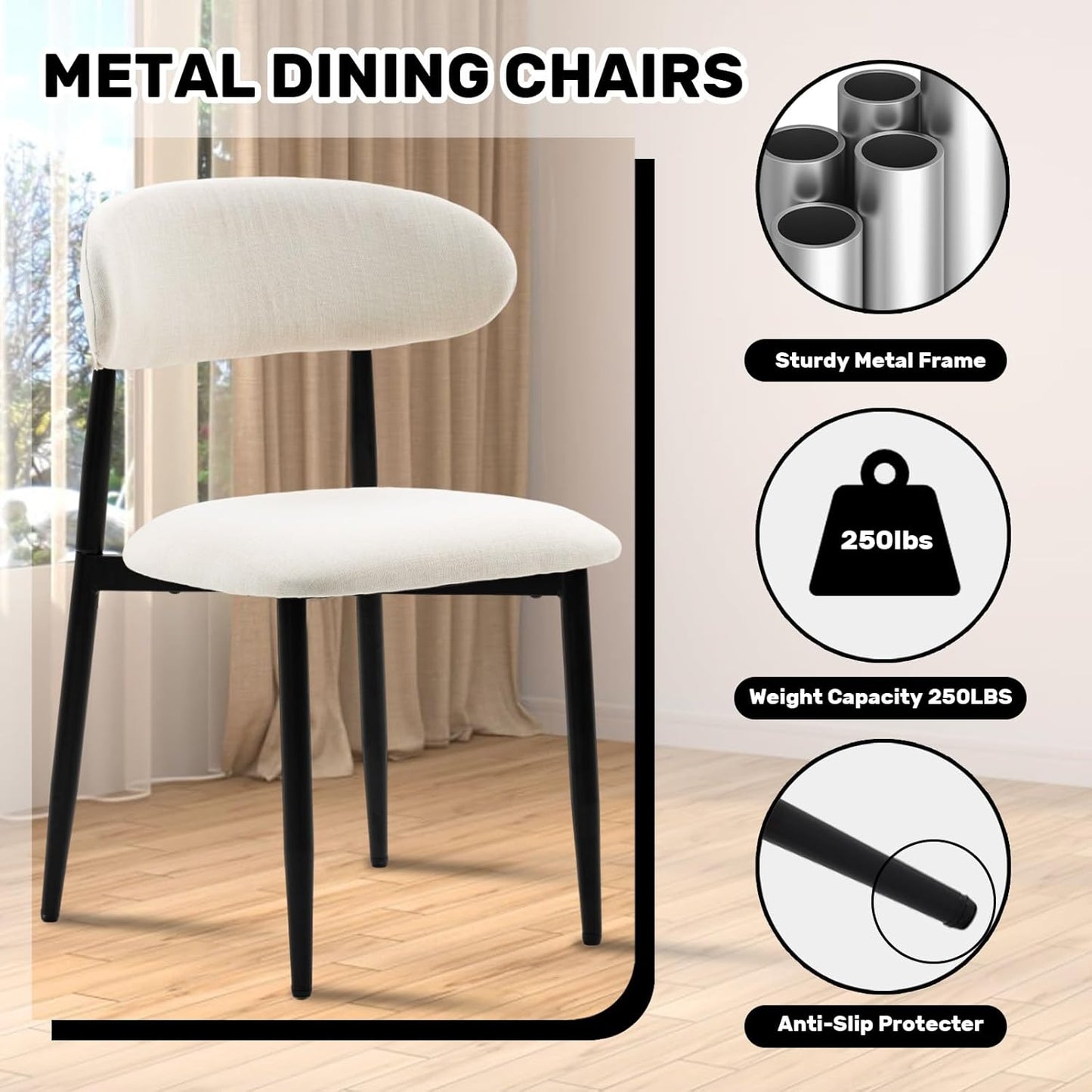 Dining Chairs Set of 4, Metal Kitchen Chairs with Modern Fabric Upholstered for Dining Room, Beige
