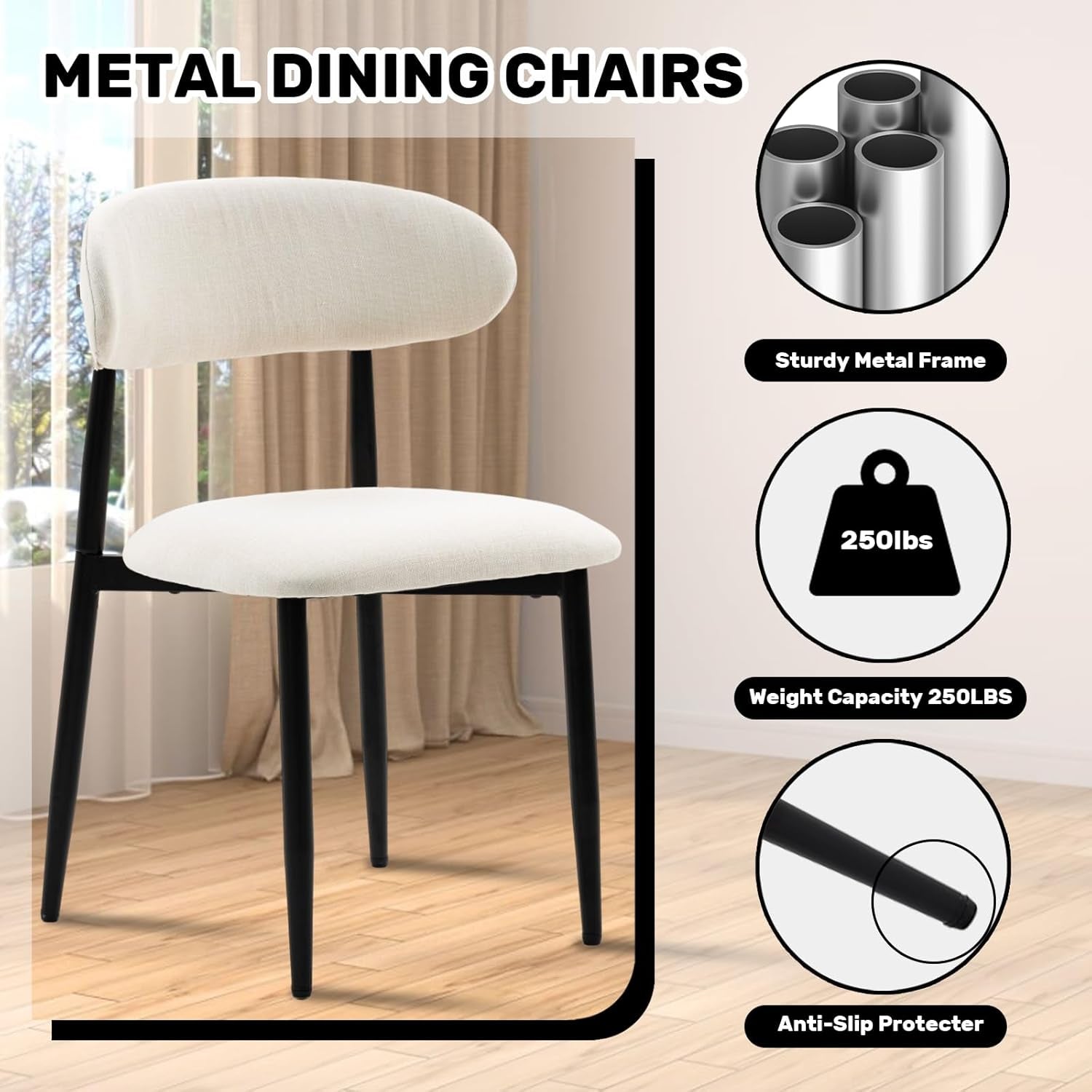 Dining Chairs Set of 4, Metal Kitchen Chairs with Modern Fabric Upholstered for Dining Room, Beige