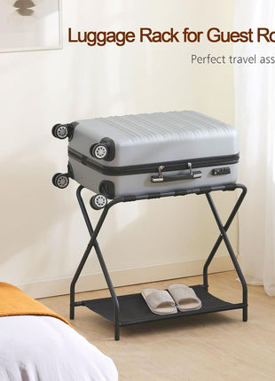 Set of 2 Foldable Luggage Racks with Storage Shelf, Metal Suitcase Stands for Guest Rooms and Hotels, Easy Assembly, Black HLR02BK