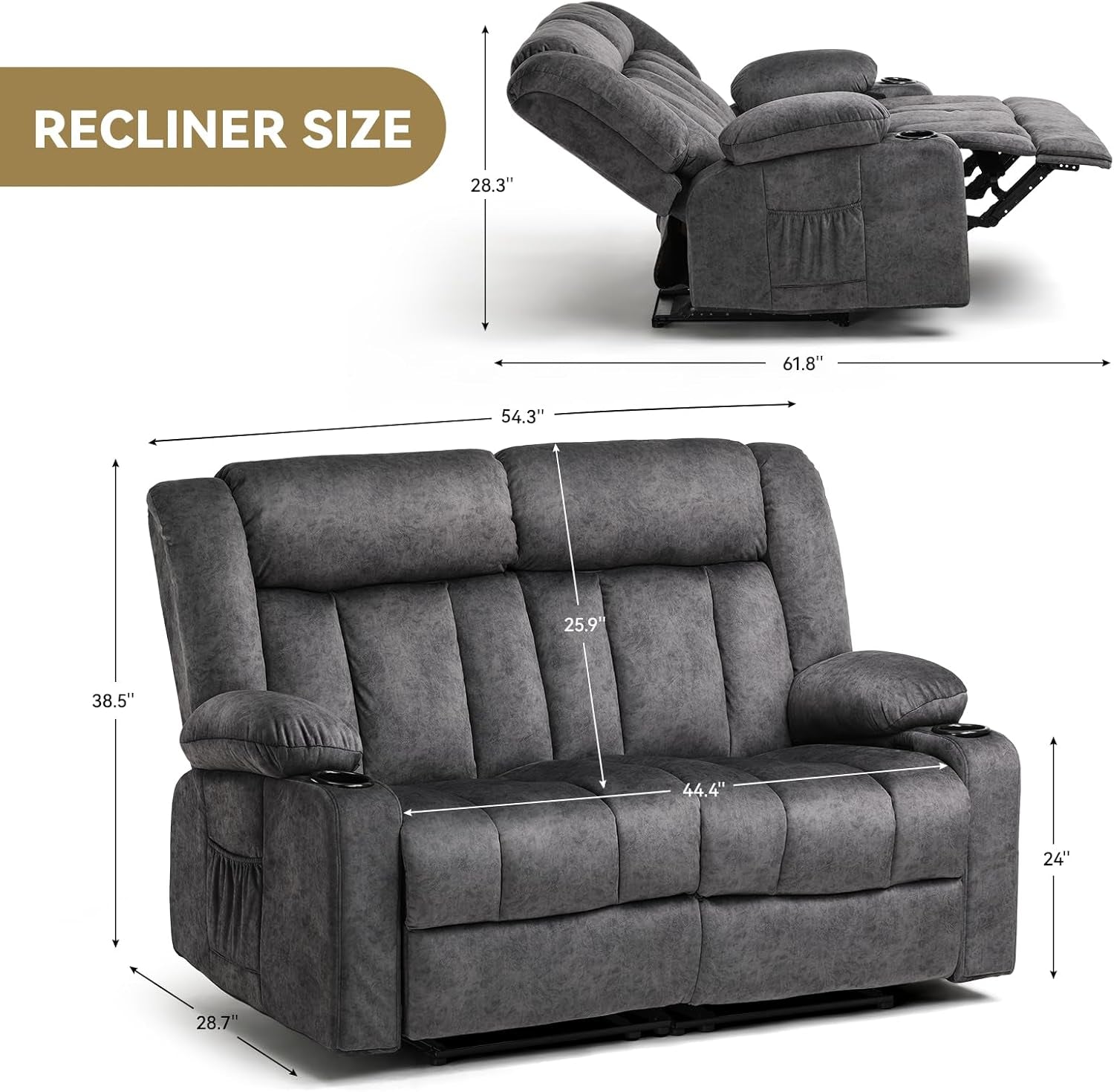 Manual Recliner Couch，Fabric Reclining Sofa Chair with Cup Holders, Upholstered Reclinerchair Set with Side Pockets Suitable for Living Room Furniture (2)