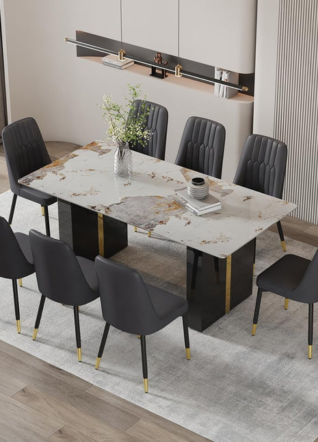 71-Inch Dining Table Set for Eight with Faux Marble Surface and PU Leather Seating for Kitchen, Dining Room, Bar, and Living Room