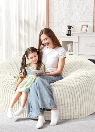 Large 3-Foot Bean Bag Chair for Adults with Striped Plush Cover and Memory Foam, Perfect for Living Room, Bedroom, or Dorm - White