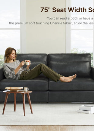 89" Black Faux Leather Upholstered 3-Seater Sofa Couch with Deep Seats, Wide Armrests, Cup Holders, USB & Type-C Ports, Spring Cushions, and Solid Wood Frame for Living Room
