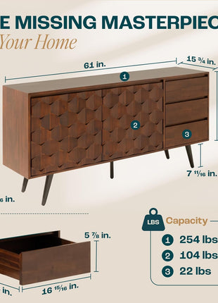 Georgina Solid Wood Sideboard with 2 Doors and 3 Drawers, 61'' Mid-Century Modern Cabinet Featuring Geometric Pattern for Kitchen, Dining, and Living Room