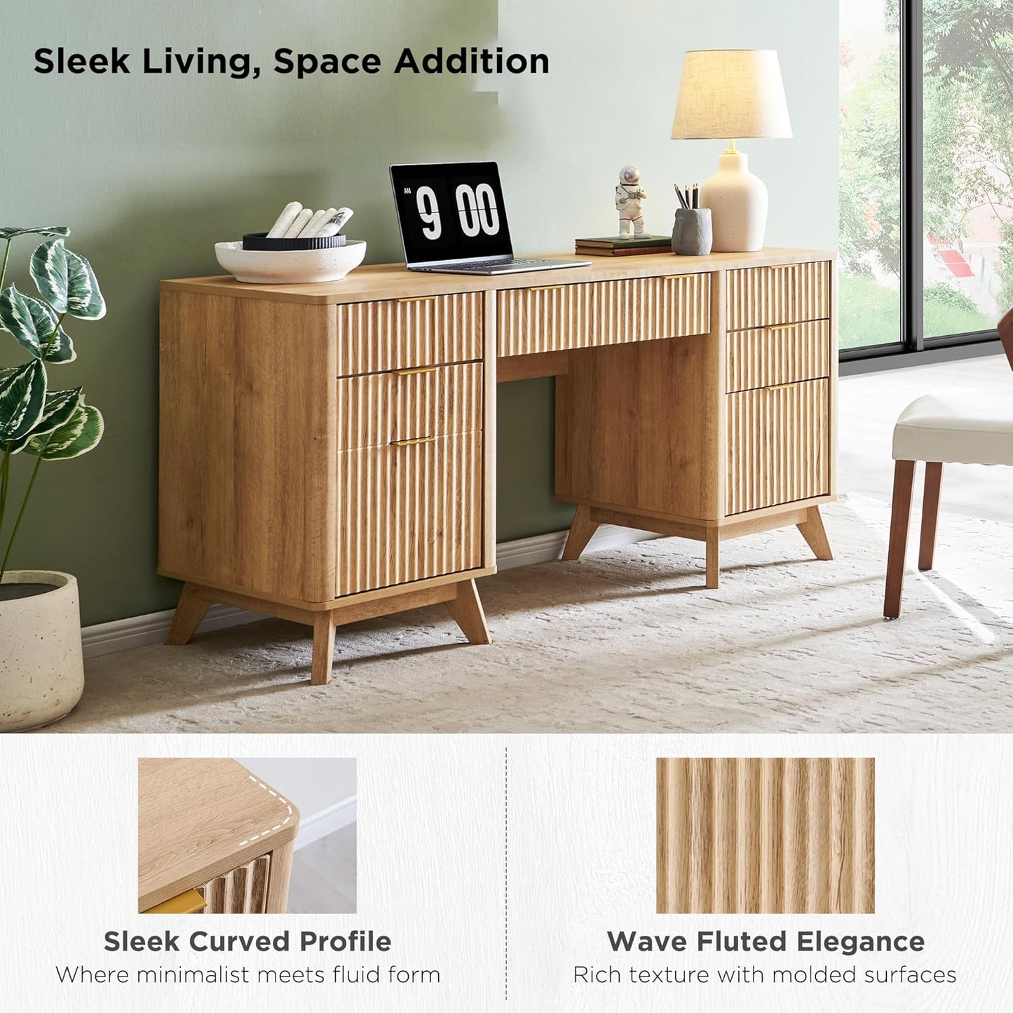 Fluted Executive Desk with Drawers, 60" Modern Home Office Computer Desk with Charging Station, File Cabinet, Keyboard Tray and Storage Cabinet for Study, Living Room, Bedroom, Natural Oak