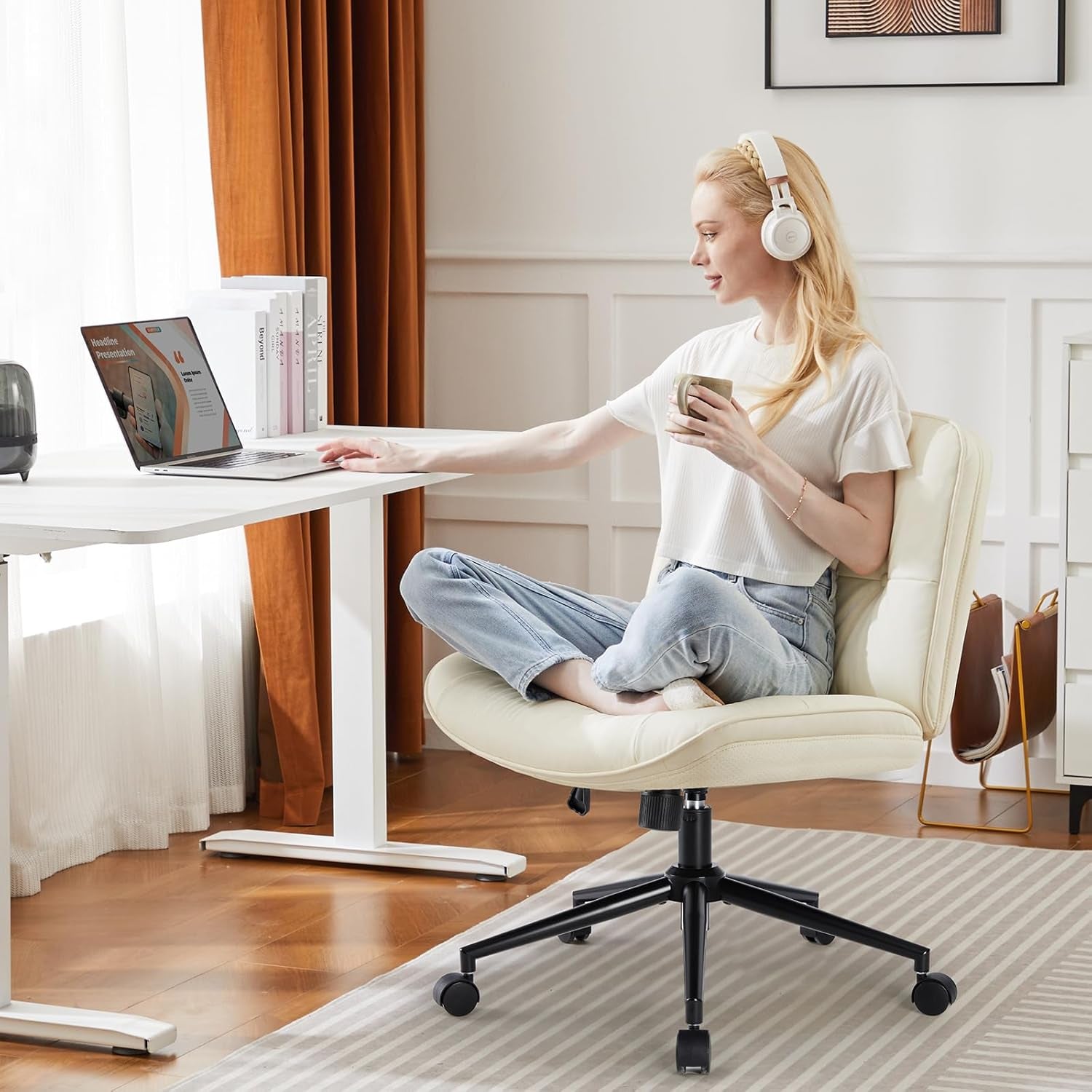 Criss Cross Chair with Wheels, Armless Wide Cross Legged Vanity Office Desk Chair with Comfy PU Leather& Back - Swivel for Home Office Bedroom, Beige