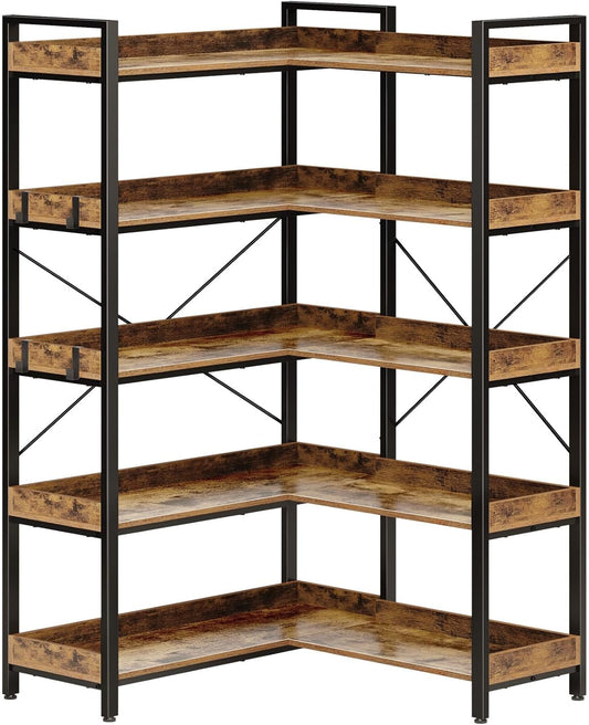 Bookshelf 5 Tier with 4 Hooks, Reversible Corner Bookshelf, 65" Industrial Wooden Bookcase with Open Shelves and Metal Frame for Living Room, Bedroom, Home Office, Rustic Brown