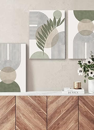 Sage Green Bohemian Wall Art Set of 3 - Minimalist Framed Geometric Line Art with Leaf, Sun, and Moon Designs on Beige and Green Canvas, Abstract Botanical Decor for Home and Office, 12" x 16