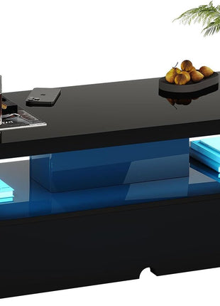 Contemporary 40-Inch LED-Illuminated Rectangular Coffee Table with Dual Tiers and Ample Storage, High Gloss Wooden Finish, Ideal for Living Room, Bedroom, and Office, Black