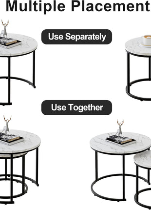 Set of 2 Round Nesting Coffee Tables Featuring White Faux Marble Tops and Black Steel Frames for Living Room, Bedroom, and Balcony Use