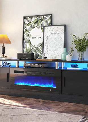 70-Inch Contemporary TV Stand and Entertainment Center for Living Room, Supports TVs up to 80 Inches, Features Storage Cabinet with Shelves, Includes 36-Inch Electric Fireplace with LED Flame (All Black)