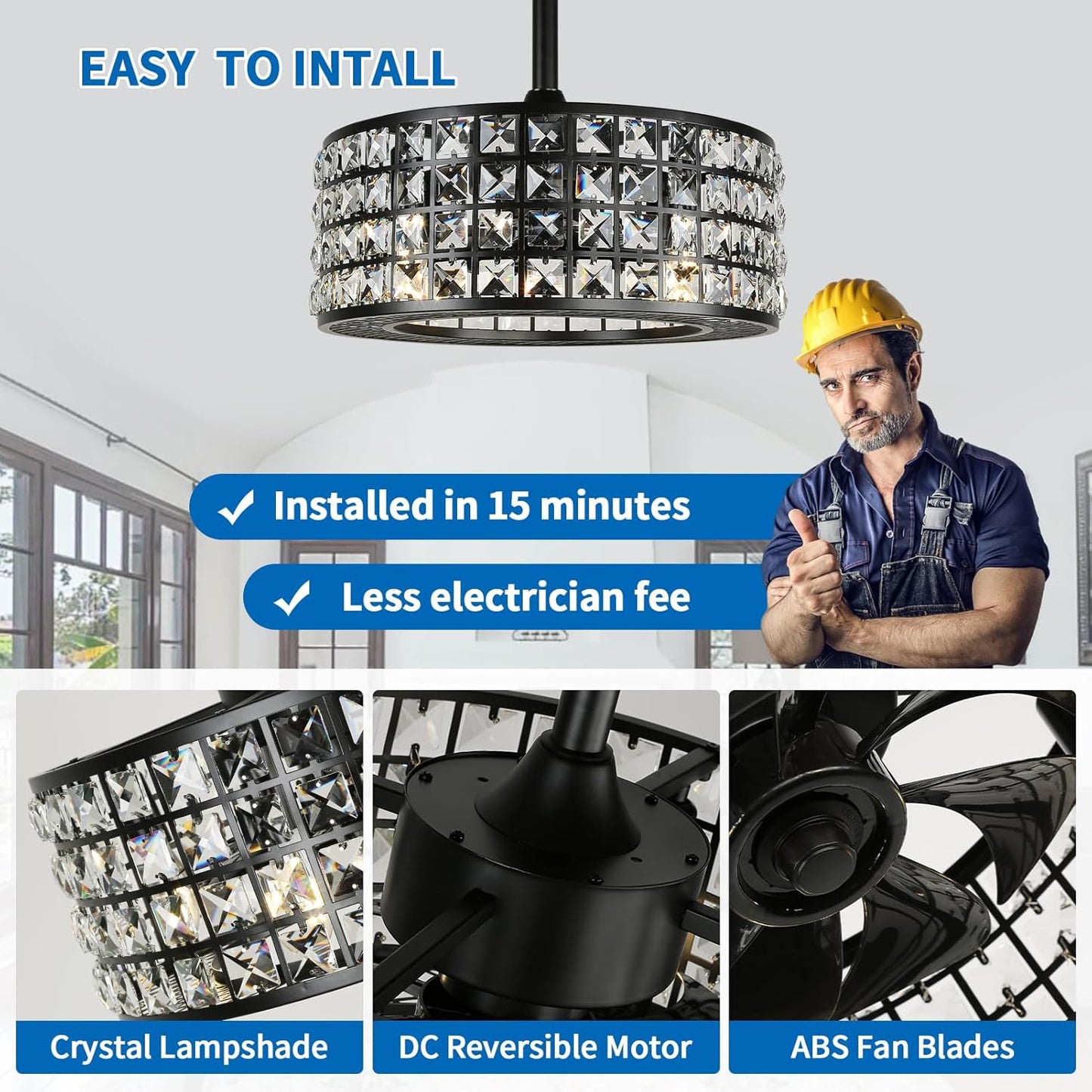 Bladeless Ceiling Fan with Lights and Remote, 18" Caged Industrial Fandelier, Indoor Crystal Chandelier Ceiling Fan for Bedroom, Living Room, Dinning Room, Kids Room, Black
