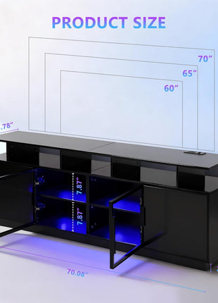 70-Inch Contemporary Black TV Stand with LED Entertainment Center and Glass Door Storage for Living Room and Gaming Spaces