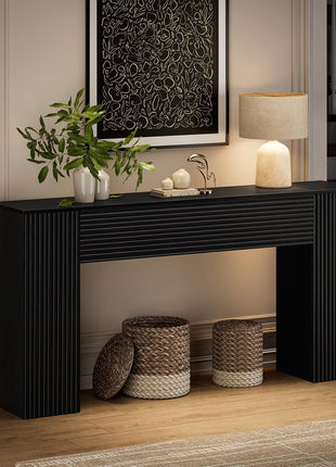 61-Inch Fluted Long Console Table - Wooden Rectangular Sofa Table with Dual Hidden Storage Cabinets for Entryway, Hallway, Living Room, and Foyer in Black