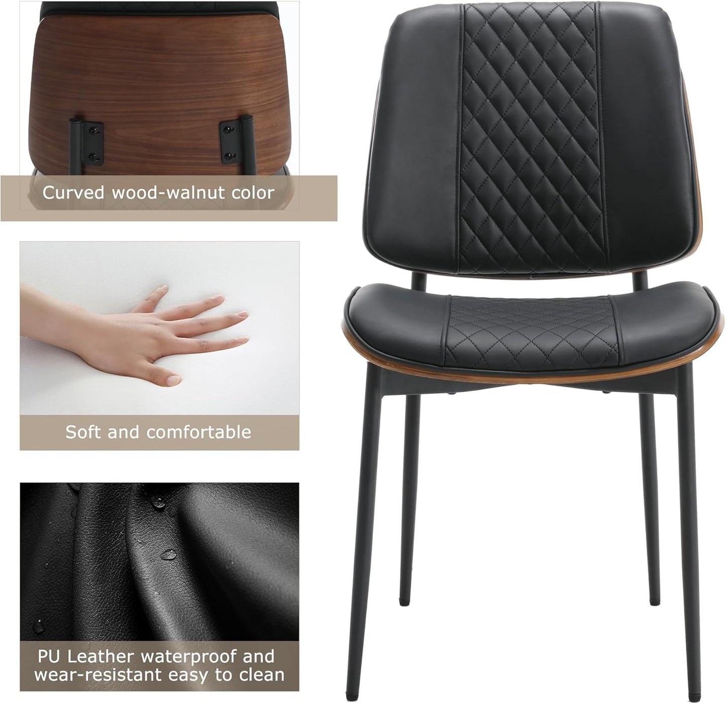 BV Dining Chairs Set of 6, PU Leather Armless Kitchen Chair in Modern Walnut Style, Mid Century Bentwood Side Chair with Metal Legs, Retro Accent Guest Chair for Kitchen Dining Room(Black)