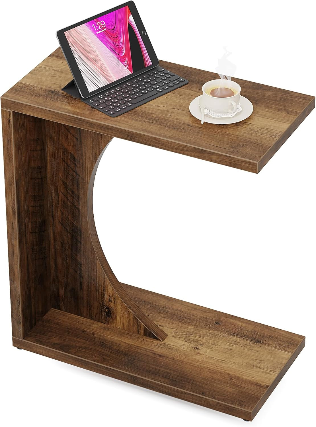 C-Shaped End Table for Couch, Sofa Side Table, C Table for Small Space, Living Room, Bedroom (1, Rustic Brown)