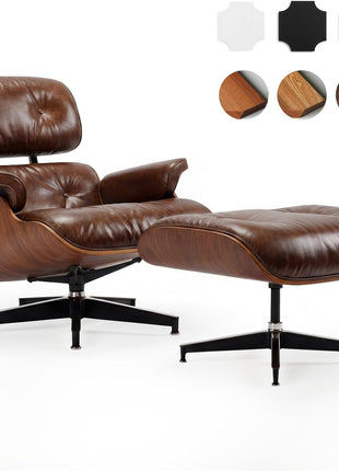 Mid-Century Modern Top Grain Leather Chaise Lounge Chair and Ottoman, Classic Accent Seating for Living Room and Office, Retro Aged Leather with Walnut Finish
