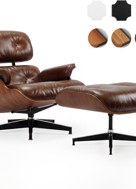 Mid-Century Modern Top Grain Leather Chaise Lounge Chair and Ottoman, Classic Accent Seating for Living Room and Office, Retro Aged Leather with Walnut Finish