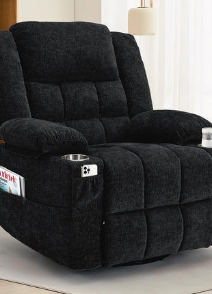 360° Swivel Rocker Recliner Chair for Adults with Massage and Heating Function, Nursery Glider Recliner Featuring Cup Holder, Manual Recliner for Living Room and Bedroom (Fabric, Dark Gray)