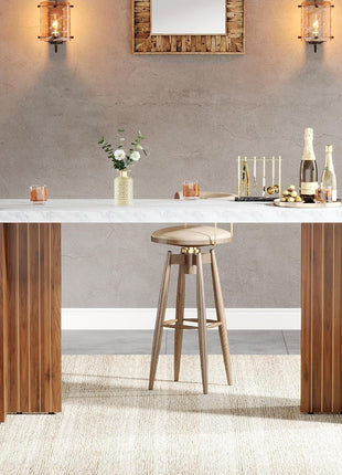 55.12-Inch Contemporary Counter Height Bar Table with Faux Marble Top, Rectangular Design for Kitchen, Dining Room, Living Room, Balcony, and Basement in Walnut and White