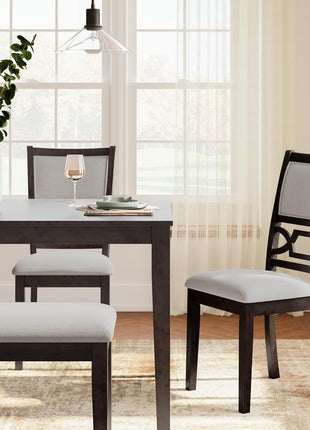 Langwest Dining Room Table Set by Signature Design by Ashley, Featuring 4 Upholstered Chairs and a Bench, Accommodates 6, Cushioned Seating, Cherry Brown Wood Finish