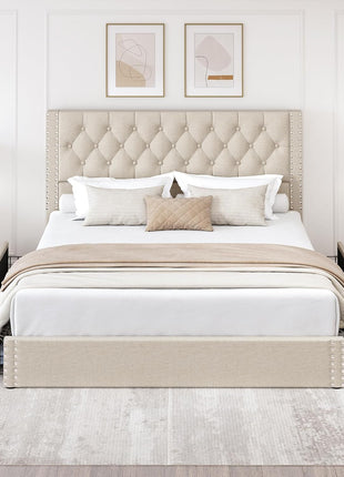 King Size Upholstered Platform Bed Frame with Tufted Headboard and 4 Storage Drawers, Heavy Duty Wood Slats, No Box Spring Required, Easy Assembly, Beige