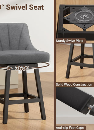 Set of 2 Modern Upholstered Linen Fabric Swivel Bar Stools, 26-Inch Counter Height with Backs, Solid Wood Legs in Dark Gray for Kitchen Island and Dining Room