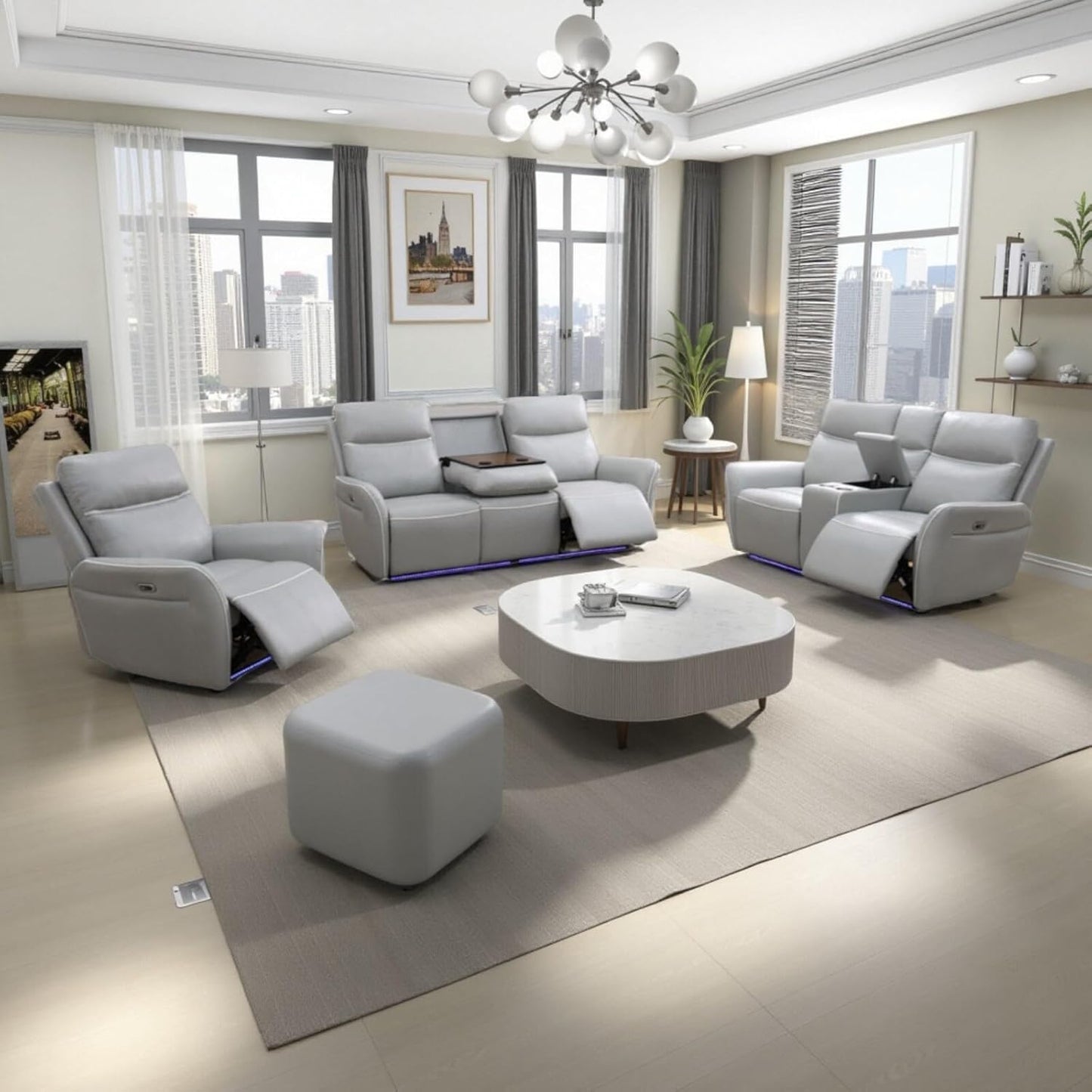 Air Leather Power Recliner Sofa Set with LED, Reclining Living Room Furniture Sets, Power Recliner Couch Set with USB Ports for House/Home Theater (Light Grey, Sofa+Loveseat+Chair)