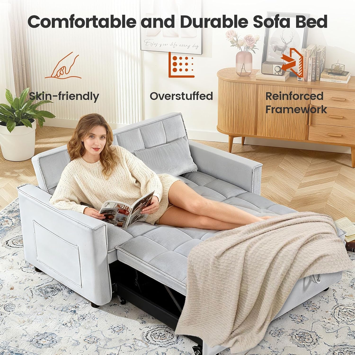 Convertible Sofa Bed, Pull Out Couch with Side Pockets, 3 in 1 Velvet Fabric Loveseat Sleeper Sofa Bed, Pull Out Couch with Adjustable Backrest for Living Room, Bedroom, Apartment, Light Gray