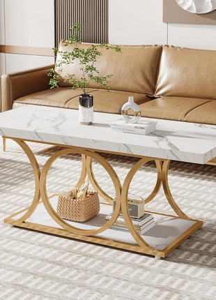 46.45” Contemporary Rectangle Coffee Table with Faux Marble Surface and Geometric Legs, Two-Tier Design Featuring Storage Shelf (White & Gold)